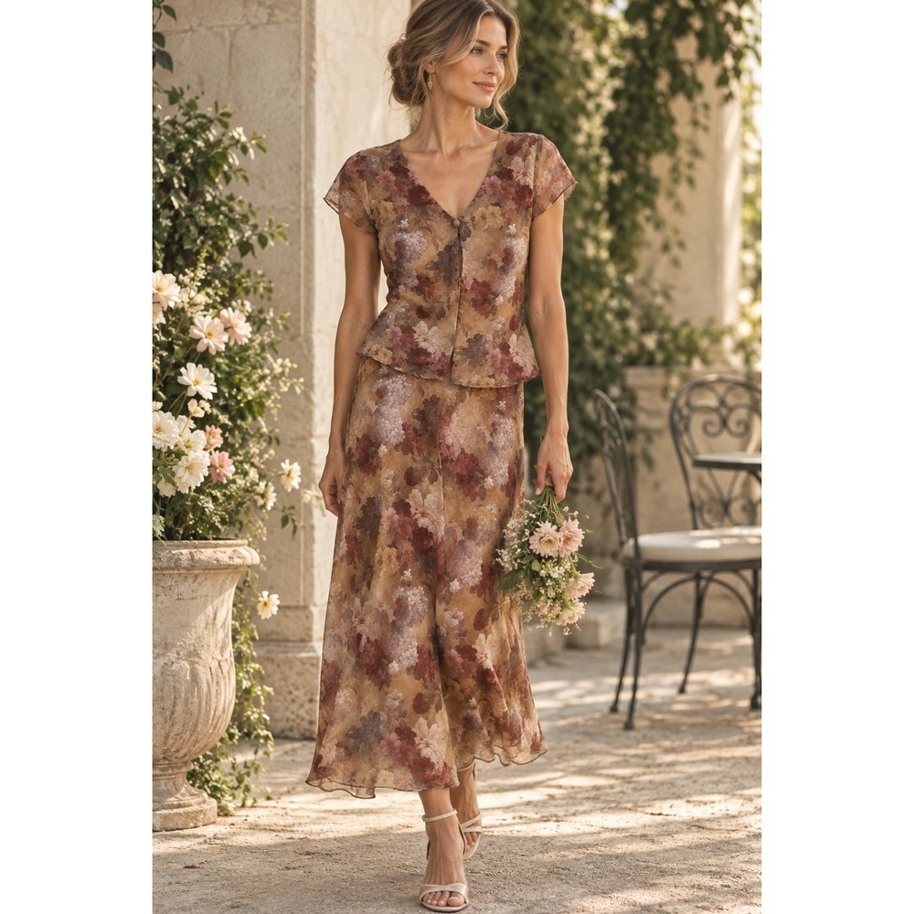 Jessica Howard Maxi Dress Womens 4P Tan Mauve Floral Lined Vintage Garden Party